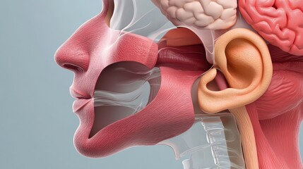Highly detailed cross-section illustration of the human head displaying nasal passages, oral cavity, and ear structures, including brain and muscles.