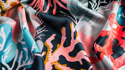Vibrant Coral Reef Pattern on Draped Silk Fabric. Abstract Underwater Flora Design in Pink, Teal, and Blue Textile Background.