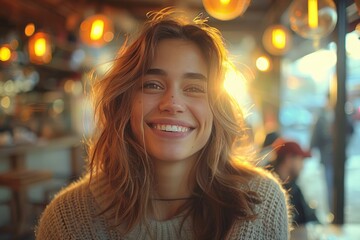 Obraz premium Smiling woman enjoying coffee in a cozy cafe with warm lighting and a relaxed atmosphere.