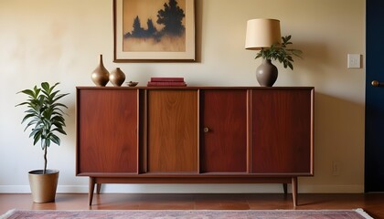 A mid-century cabinet is placed near a grunge-textured stucco wall in the interior design of the living room