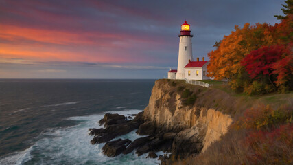 Naklejka premium Majestic Lighthouse Overlooking Rocky Coastline at Sunset With Colorful Autumn Foliage
