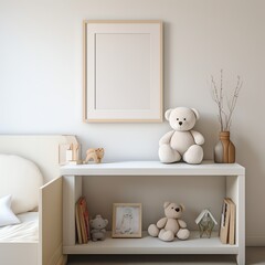 Cozy children's room with teddy bears, wooden toys, and a framed artwork. Minimalist design and warm tones create a welcoming environment.