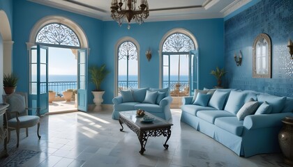 Mediterranean style is prominent in the home interior design of a modern living room with a sea view