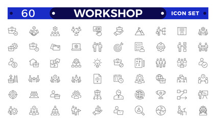 Workshop icon set. Containing team building, collaboration, teamwork, coaching, problem-solving and education icons. Set of line icons related to training, mentoring, meeting Outline icon collection.