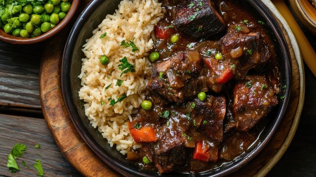 Top view of a flavorful Jamaican oxtail stew with rice and peas, perfect for a hearty food display.