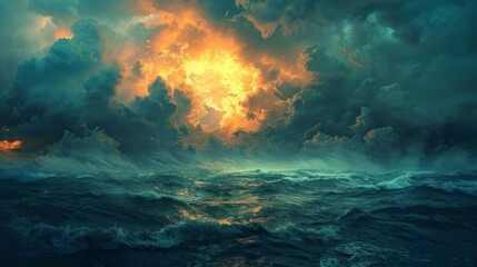 Dark ocean storm with vivid blue, yellow, orange lightning.