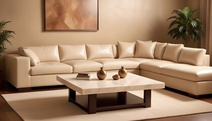 A marble square coffee table adds elegance to the interior design of the modern living room, placed near a beige corner sofa