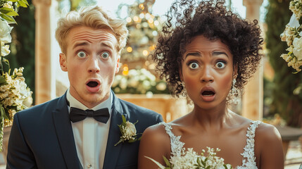 Surprised bride and groom during wedding ceremony.