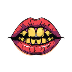 Shiny golden teeth set bright red lips, depicting stylish, bold glamorous look. Illustration showing closeup detailed lips fierce expression. Cartoonish lips image sparkling gold grills vibrant