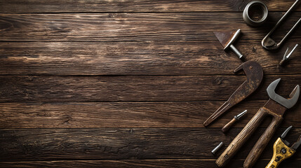 Rustic tools on wooden background.