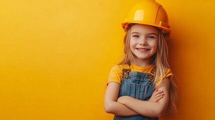 Smiling child wearing construction helmet against yellow background.