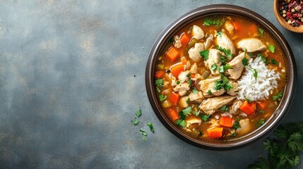 Top view of a hearty bowl of Mexican caldo de pollo, with chicken, vegetables, and rice, with space for copy