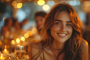 Fototapeta premium happy woman laughing and holding glass of wine during date on Valentines day. champagne glass for celebration. Life style concept with guys and girls eating at dinner party 