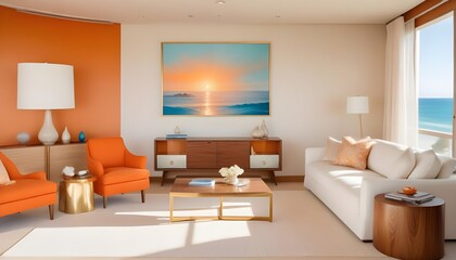 Fototapeta premium Luxurious coastal-style interior design for a modern living room in a seaside house
