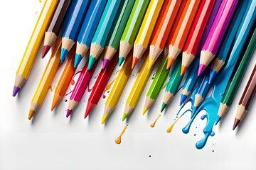 Fototapeta premium A row of sharpened colored pencils lies on a white surface, with shavings scattered on either side. The pencils are arranged in a line, with their points facing forward. The pencils are a variety.