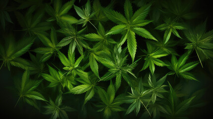 Fototapeta premium generated illustration of high angle view of marijuana leaves with copy space