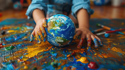 Child's hands holding a colorful globe on a painted map, symbolizing global awareness and creativity in early education

