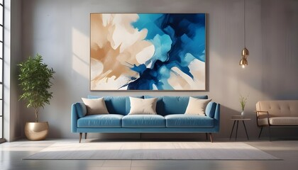 In a loft-style home interior design of a modern living room, a blue and beige loveseat sofa near a window against a concrete wall adorned with an art poster