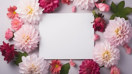 generated illustration of greeting card mockup and beautiful pink dahlia flowers.