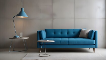 A loft-style home interior design of a modern living room showcases a blue sofa and side table with a lamp against a grunge concrete wall