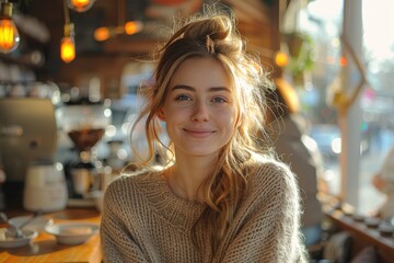 Obraz premium Smiling young woman in cozy cafe, natural sunlight filtering through, enjoying warm atmosphere and coffee. Relaxed, content, and casual setting.