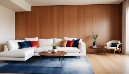 Japandi style interior design of a modern living room with a white sofa and a wooden paneling wall