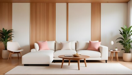 Fototapeta premium Japandi style interior design of a modern living room with a white sofa and a wooden paneling wall