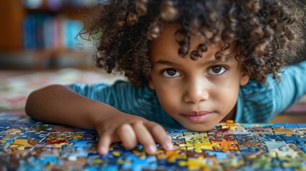 A close-up of a childâ€™s face concentrating as they solve a large floor puzzle, promoting problem-solving and cognitive skills.