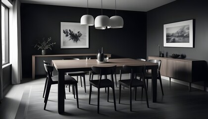 Interior of a modern dining room with a dining table and wooden chairs against a black wall