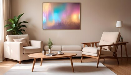 Interior of a living room with a coffee table and beige fabric armchair, featuring a mock-up poster on the wall