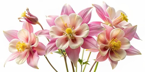 Delicate pink petals and golden centers of columbine flowers unfurl against a pristine white background, showcasing intricate details and soft, romantic beauty.