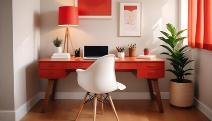 Interior design of modern scandinavian home office with a wooden drawer writing desk and a white chair against a grey wall