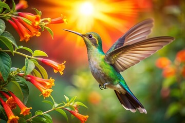 Fototapeta premium Vibrant hummingbird with iridescent feathers sips nectar from a delicate trumpet-shaped flower, amidst lush green foliage and warm sunlight, capturing nature's beauty.