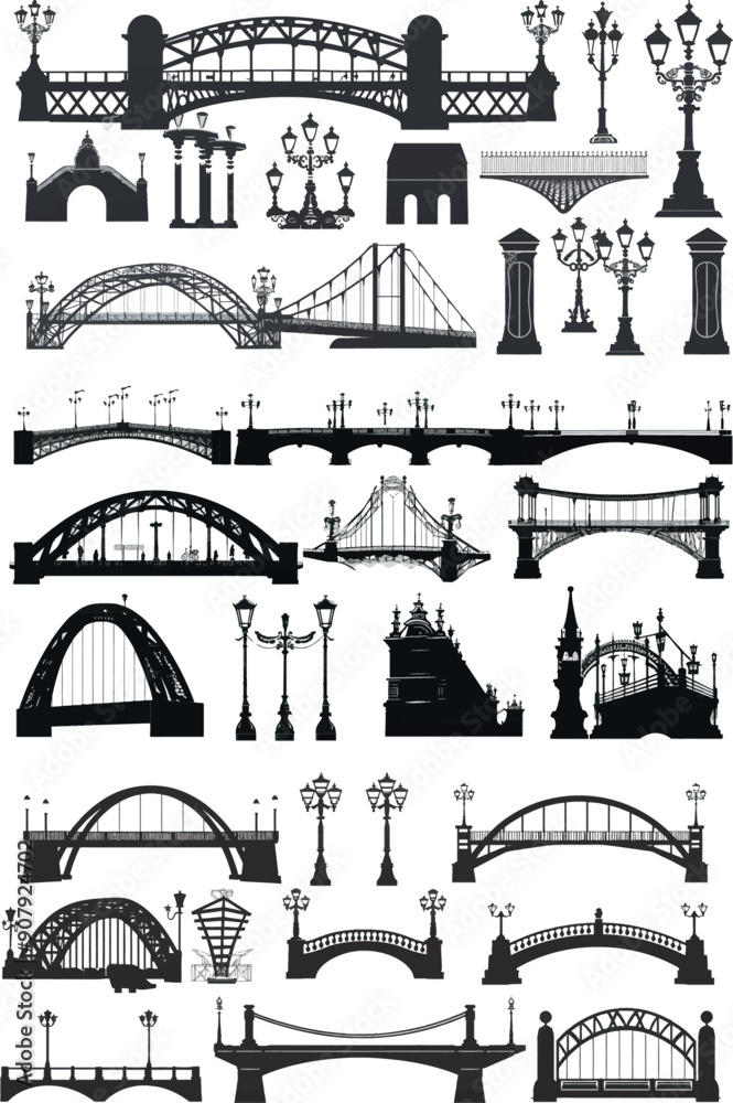 Poster the silhouettes of black bridges. the elements of urban architecture. the elements of transportation