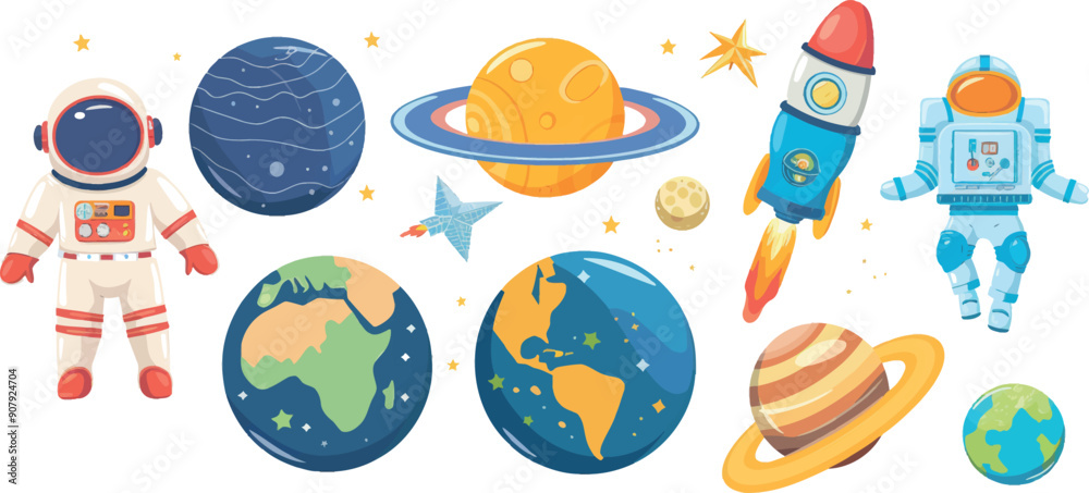 Poster 3D space cartoon. UFO ship, rocket, and astronaut character in suit. Plastic universe objects with realistic appearance. The heavenly bodies and satellites pithy modern set.