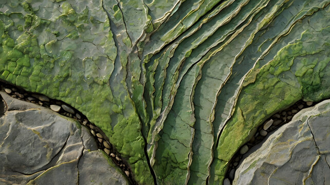 greenish shale with a slightly rough texture and thin, parallel layers, sharp and vibrant 