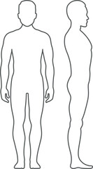 Male figure silhouette. Human front and side view line icon