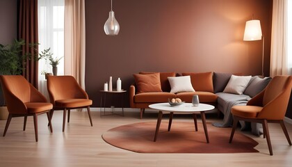 Obraz premium Interior design of a modern Scandinavian living room with a table and chairs