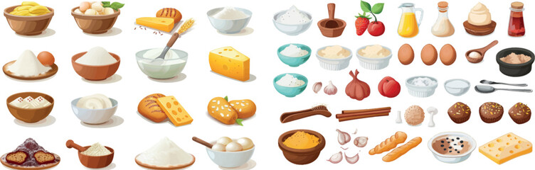 Baking ingredients cartoon. Flour pack, sugar bowl, eggs in glass jug, butter cinnamon honey and oil. Cooking neoteric modern collection.