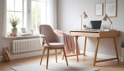 Interior design of a modern scandinavian home office with a cozy home workplace featuring a wooden drawer writing desk and fabric chair