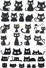 Peeking black cats silhouettes with big eyes. Playful muzzles and playful kitty backs. Spy pets snuggled closely to the modern objects.