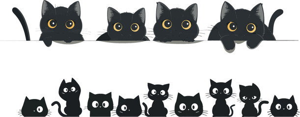 Spying cats and black cats peeking from corners, sly kittens looking and playful snugly modern stickers.