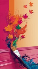 A paintbrush with vivid colors and autumn leaves coming out of the tip of the brush. Abstract artistic photo with pastel background.