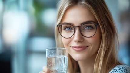Female manager enjoying in glass of fresh water while working in office