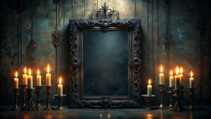 Ominous dark gothic vertical frame adorned with flickering candles casting eerie shadows, perfect for Halloween or mysterious atmosphere-inspired visual projects.