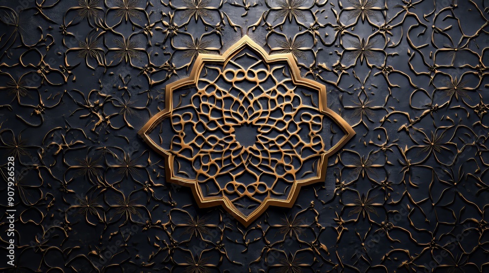 Poster A beautifully crafted geometric design in gold stands out against a textured dark surface