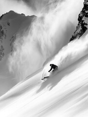 A skier in a vibrant red suit aggressively carves through the pristine white snow, leaving a dynamic spray in their wake against a backdrop of a clear blue sky with light clouds.

