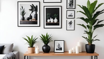 Interior design of a modern living room with a white wall and home decor pieces, featuring an empty mock-up black poster frame on a wooden shelf