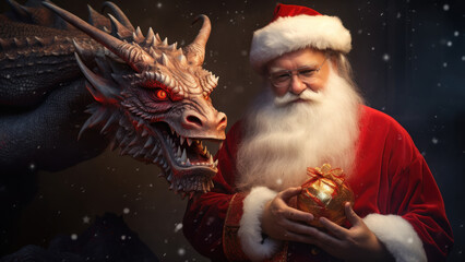 Santa Claus Giving Gift to a Dragon