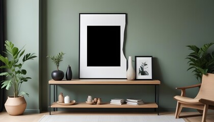 Obraz premium Interior design of a modern living room with a white wall and home decor pieces, featuring an empty mock-up black poster frame on a wooden shelf
